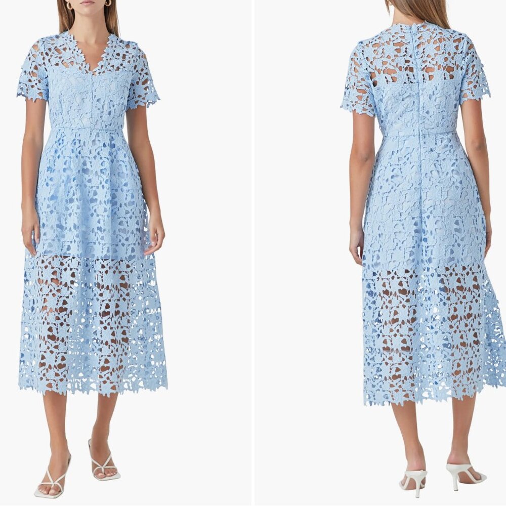 All Over Lace Short Sleeves Midi Dress - Size M Powder Blue